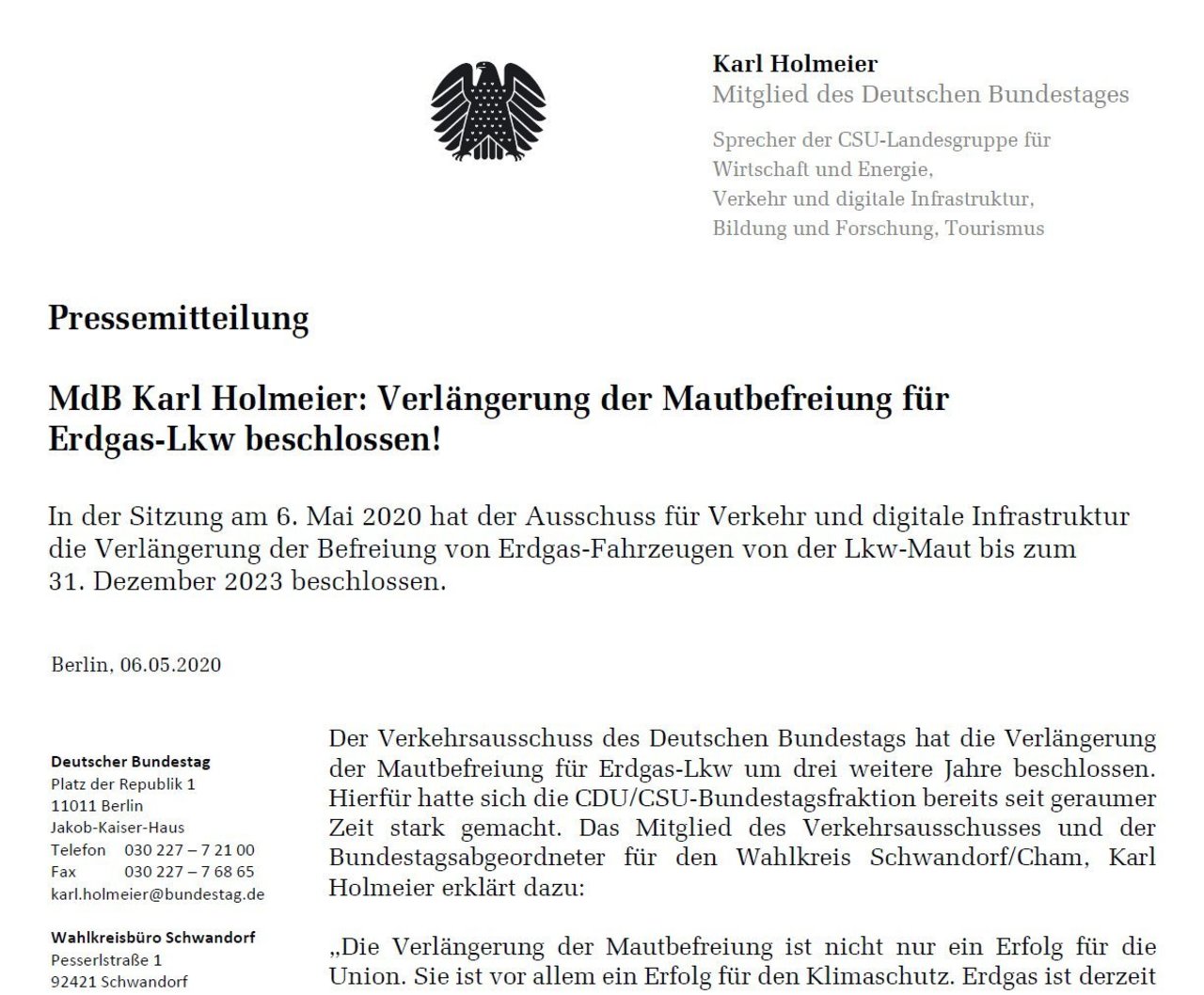 Verkehrsausschuss beschließt Verlängerung der Mautbefreiung für Erdgas-LKW Image 1